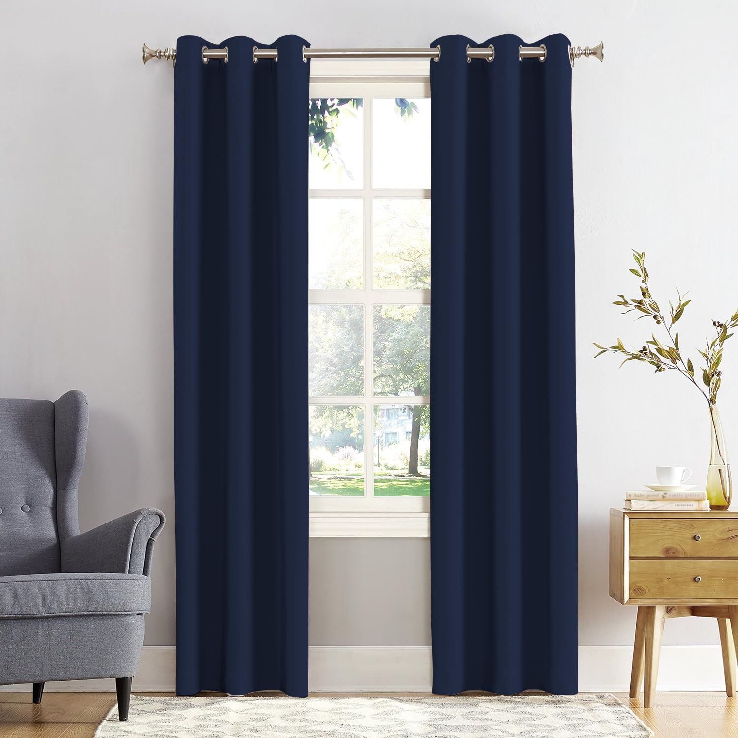 REHAN & CO Blackout Curtains for Bedroom Super Soft Thermal Insulated Black Out Eyelet Curtains with Tie Backs for Living Room, Kitchen Navy (W46 x L54 Inch 2 Panels)