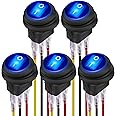 DaierTek 12V Waterproof Round Rocker Switch Blue LED Lighted [UL Listed] ON Off 3 Pin 12 Volt 20A Weatherproof Illuminated Toggle for Marine Car RV Truck -5Pack