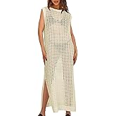 Saodimallsu Womens Crochet Swimsuit Coverup Summer Sleeveless Hollow Out Knit Crewneck Side Split Long Beach Dress