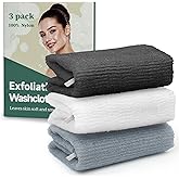 Bathway Exfoliating Washcloth, Nylon Bath Towel Body Scrubber with Hanging Strap, Back Scrubber for Shower Japanese Washcloth Loofah - Deep Clean & Rich Lather (Black & White & Gray, Pack of 3)