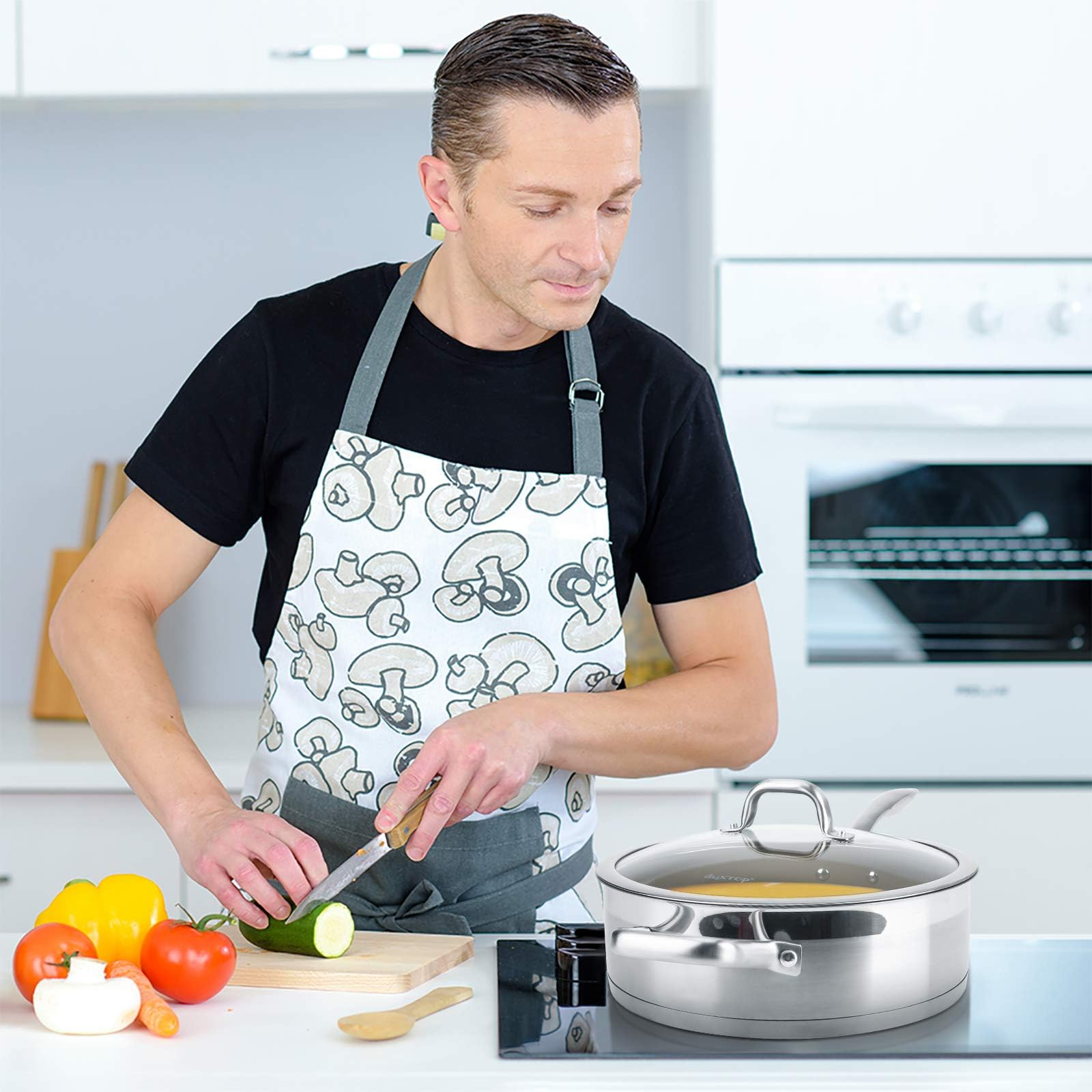 Duxtop Ceramic Non-stick Sauté Pan, Induction Stainless Steel Sauté Pan, 5.5-Qt Deep Skillet with Lid, Professional Grade and Impact-bonded Technology, FUSION Ti