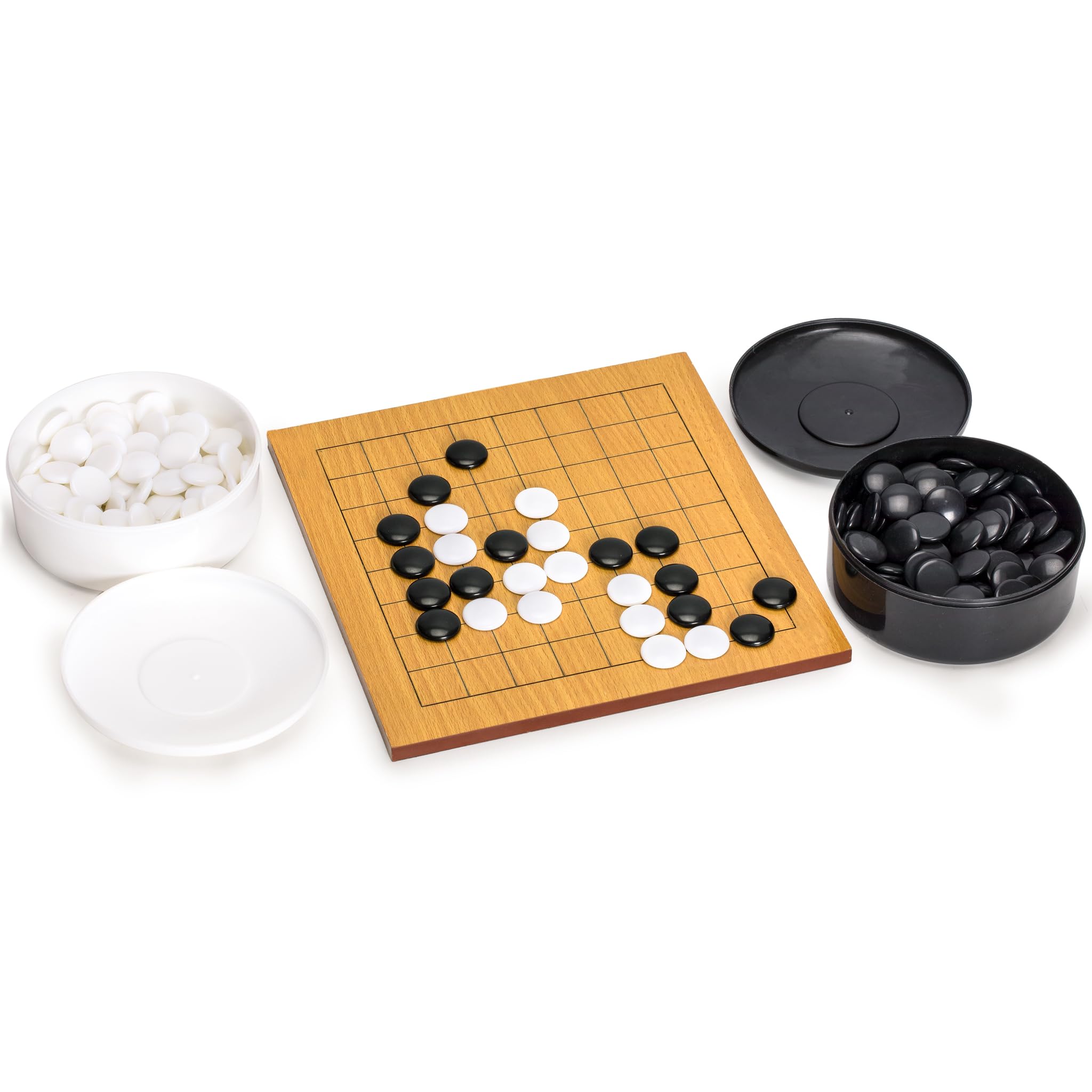 Yellow Mountain Imports Beechwood Veneer 1-Centimeter Etched Beginner's 9x9 Go Game Set Board with Single Convex Melamine Stones - Classic Strategy Board Game (Baduk/Weiqi)