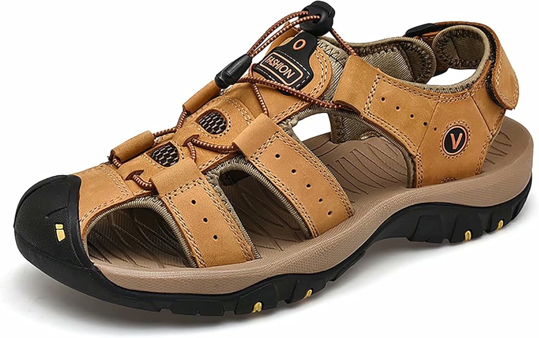 GURGER Summer Sandals Men's Velcro Leather Outdoor Trekking Sandals EU