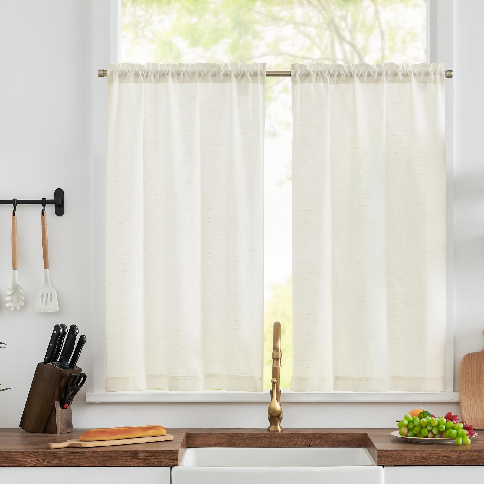 TOPICK Linen Blend Kitchen Curtains, 45 Inch Drop Small Cafe Curtains, Solid Pattern Light Filtering Short Curtain Tiers for Bathroom, Sink, Bedroom, Rod Pocket, 2 Panels, White, W 26 x L 45 Inch
