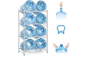 SEHERTIWY 5 Gallon Water Bottle Holder, 4 Tier Water Jug Rack, Water Cooler Jug Rack for 5 Gal Water Bottle,Water Jug Dispenser Stand,Heavy Duty 5 Gallon Water Jug Stand for 8 Bottles with Lifter(4 Tier,Silver)