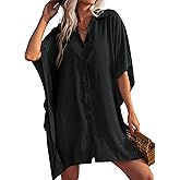 Ekouaer Women's Swimsuit Cover Up 3/4 Sleeve Beachwear Bikini Coverups Button Down Oversized Cover Up Shirt S-3XL