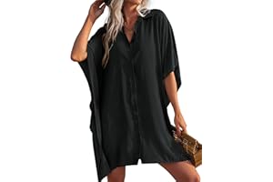 Ekouaer Women's Swimsuit Cover Up 3/4 Sleeve Beachwear Bikini Coverups Button Down Oversized Cover Up Shirt S-3XL