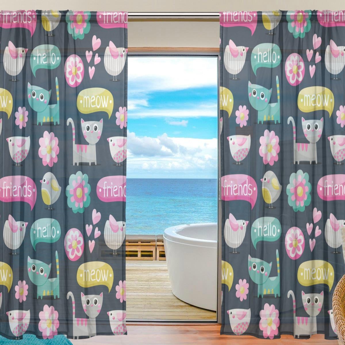 Chen Miranda Birds Cats Flowers Pattern Printed Tulle Polyester Window Sheer Curtain
