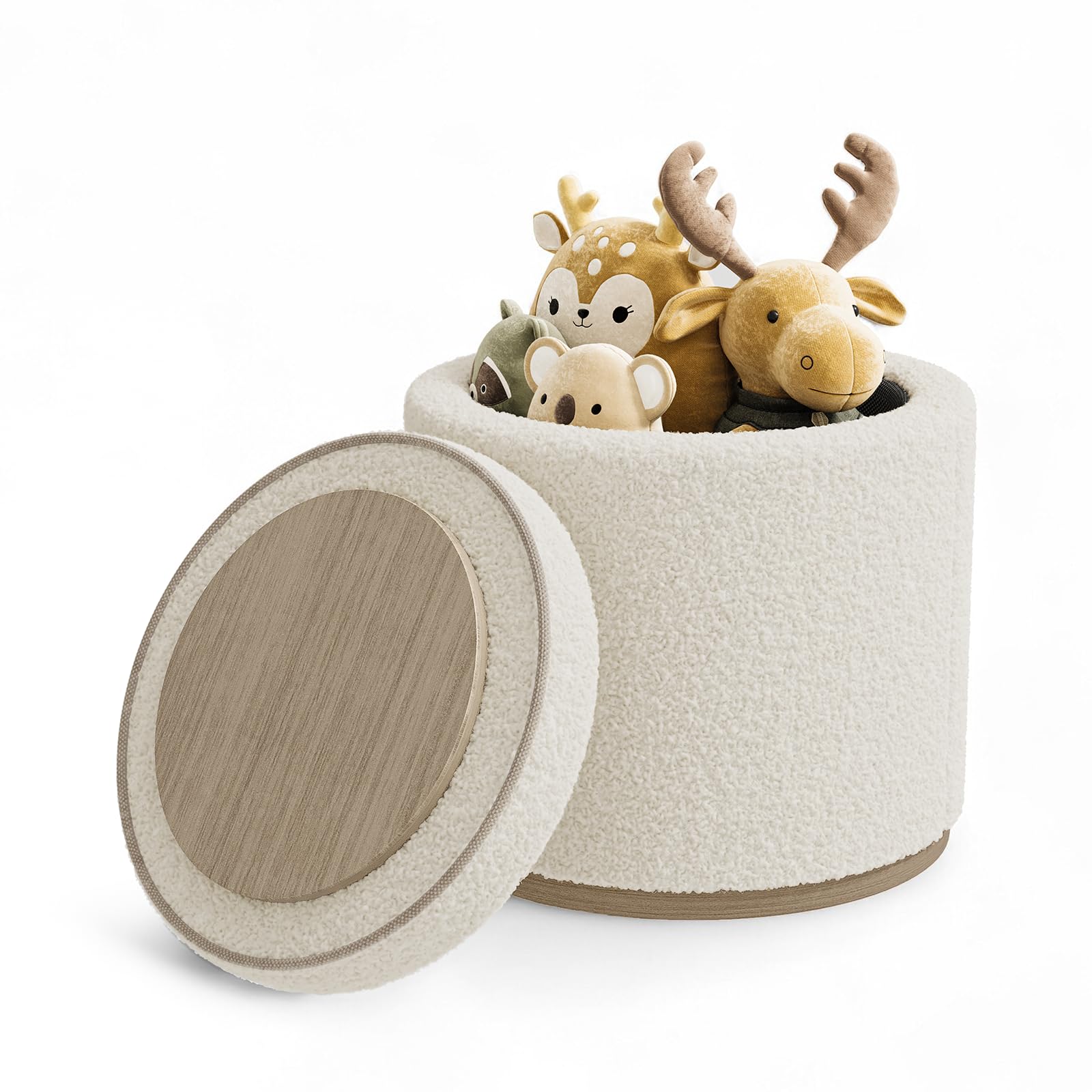 ONBRILL Round Ottoman with Storage, Ottoman Foot Rest, Boucle Small Ottoman, Foot Stool, Vanity Stool, Upholstered Sherpa Ottoman Support 250 lbs for Living Room, Bedroom, White