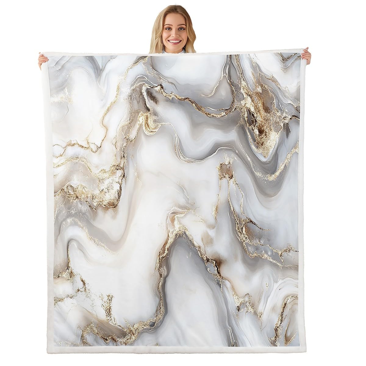 Loussiesd Marble Fleece Throw Blanket Grey Gold Marble Plush Blanket for Kids Adults Abstract Geometric Marble Texture Sherpa Blanket Crack Brick Fuzzy Blanket for Sofa Bed,Single 50x60 Inch