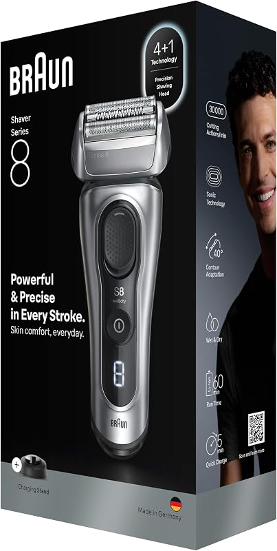 Braun Electric Shaver Men Série 8, Barbeador de barba seco e molhado com cabeça e aparador de precisão, 60 min de uso, base de carregamento e estojo de viagem, 8617S, prata