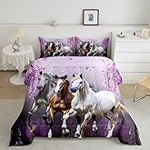 Feelyou Girls Horse Twin Size Comforter Set Cherry Blossom Galloping Horse Bedding Set for Kids Boys Teens Western Duvet Comforter Floral Animal Decor Gifts for Girls Quilt Set Bedroom,Purple