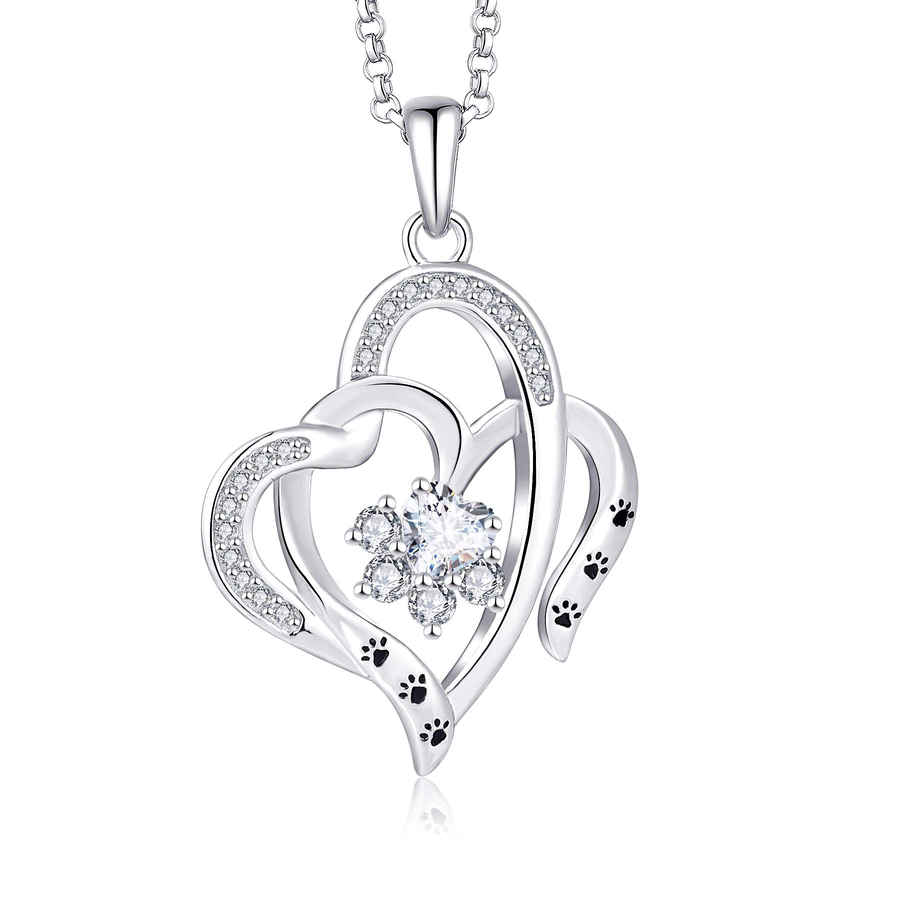 JO WISDOM Women Necklace,925 Sterling Silver Pet Dog/Cat Paw Print Footprint Love You from My Heart Necklace with AAA Cubic Zirconia