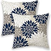 GIOPAMGO Navy Blue White Pillow Covers 18x18 Set of 2, Gray Abstract Dahlia Farmhouse Decorations Throw Pillow Covers Geometry Design Summer Outdoors Decorative Linen Cushion Case for Couch Sofa Home