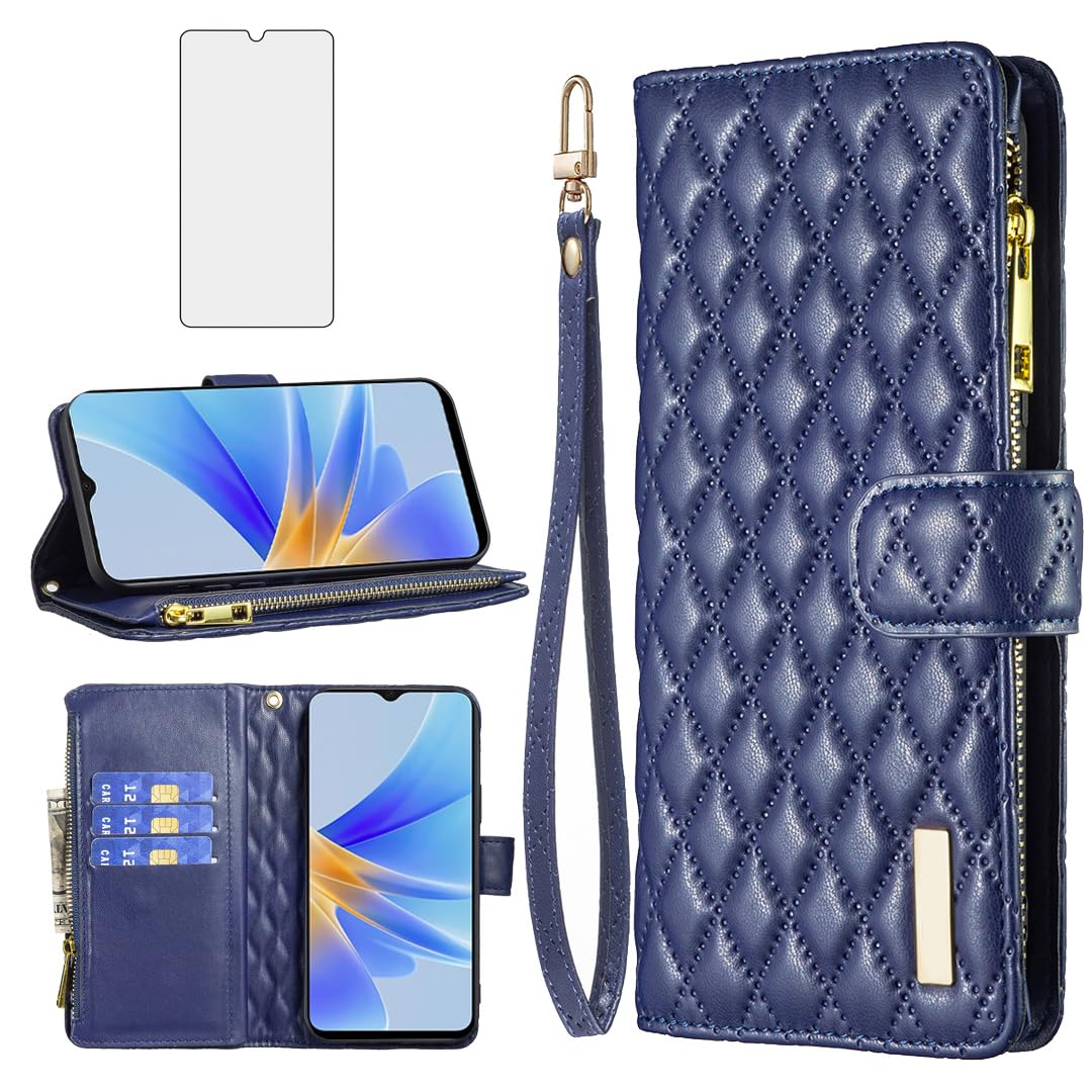 Asuwish Phone Case for OPPO A16/A16S/A54s Wallet Cover with Tempered Glass Screen Protector and Leather Flip Credit Card Holder Stand Cell Accessories Protective Heavy Duty CPH2273 Women Girls Blue