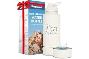 RUBYLOO Dog Mom Water Bottle - 32 oz Stainless Steel Double Wall Insulated with 8 oz Detachable Bowl on Bottom - Cool Dog Mom Gifts for Women for Christmas, Birthdays or Gift from The Doggy - DM Cream