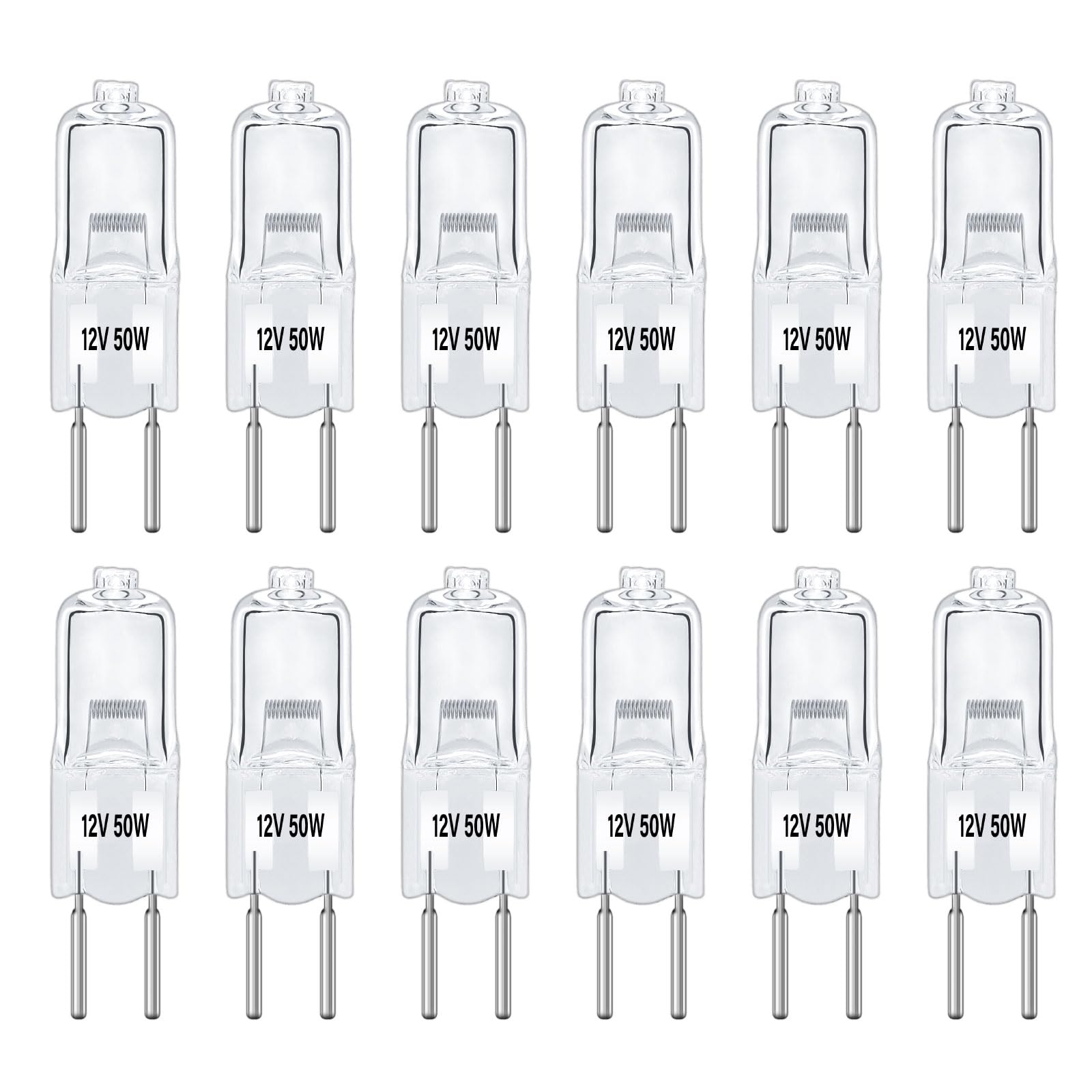 12 Pack GY6.35 Halogen Bulb 12V 50W Dimmable, Warm White 2700K, 650LM, Clear Capsule Light Bulb, Halogen GY6.35/G6.35 2-Bi-Pin Base, for Under Cabinet, Desk Lamp, Chandeliers, Landscape Lighting