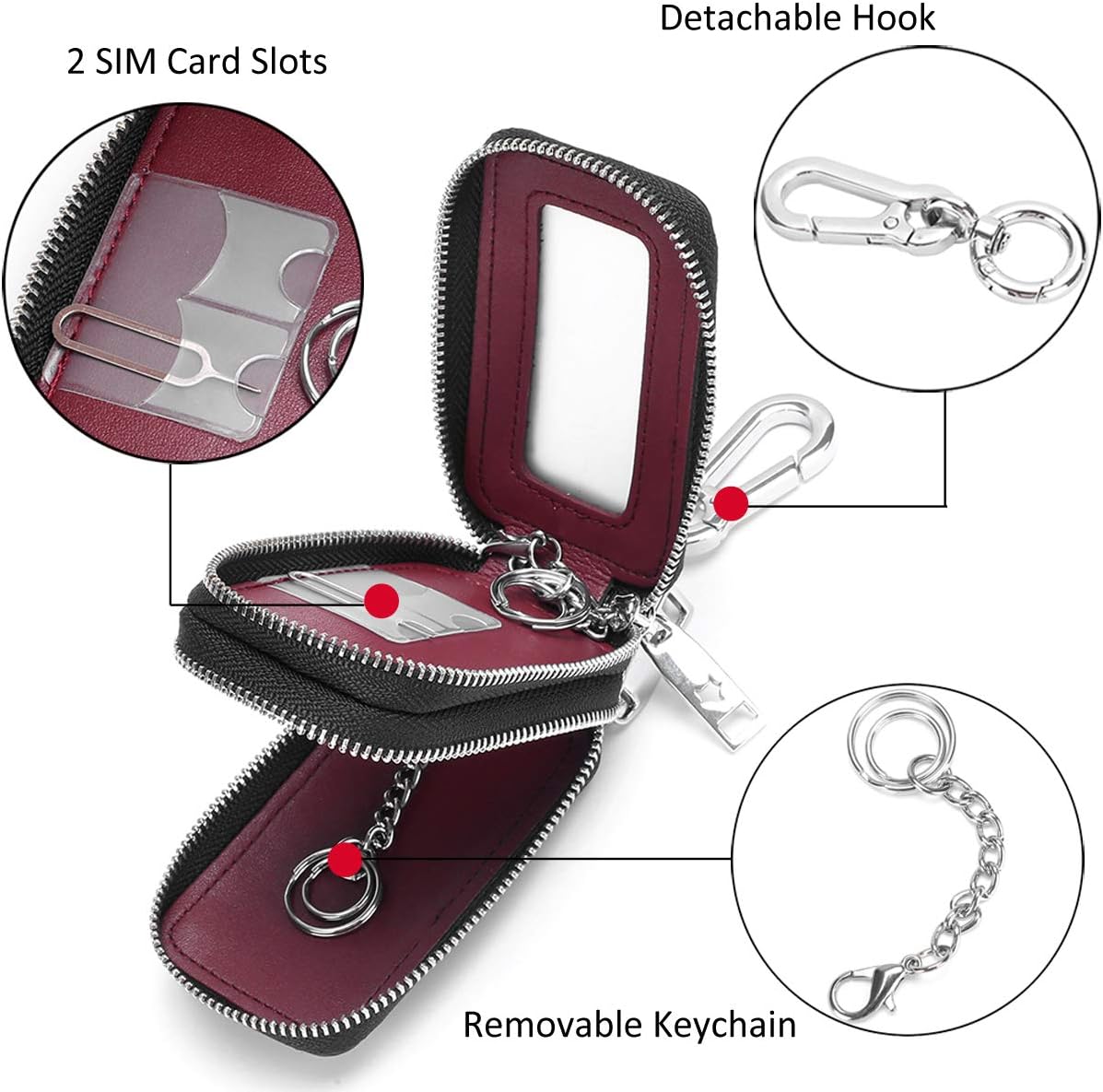 Aileder Car Key Case Wallet Genuine Leather Car Keyring Purse Keychain Holder Metal Hook and Window Double Zipper Bag for Remote Key Fob (Black) - Image 4