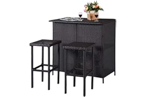ReunionG Outdoor Bar Rattan Set 3-Piece Wicker Bar Stools & Table with 2 Storage Shelves for Lawn Pool Backyard Garden