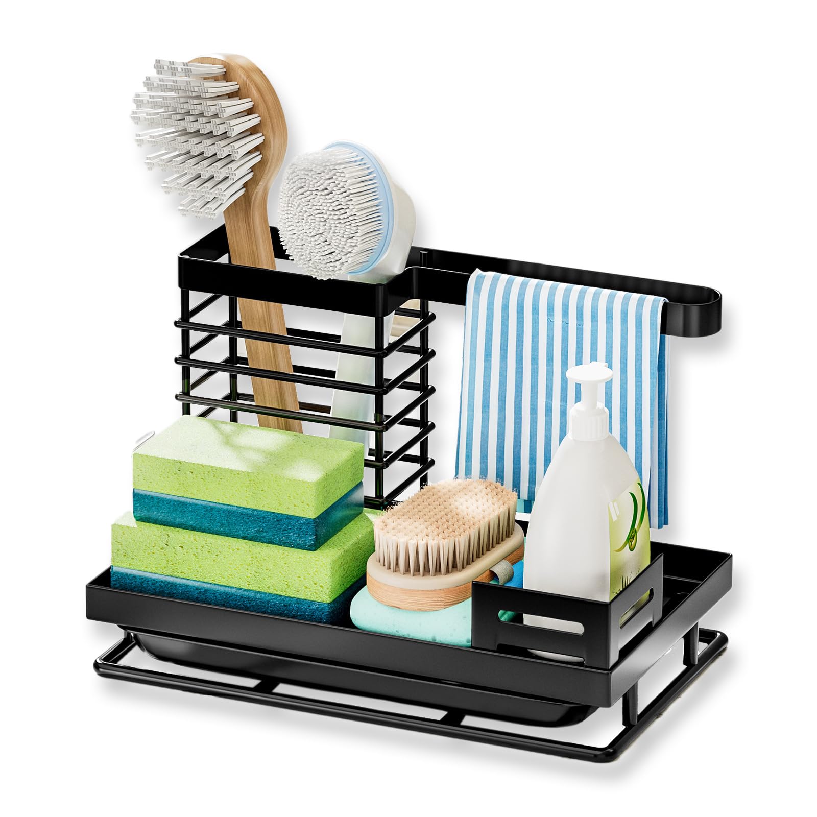 Kitchen Sink Caddy Organizer With Detachable Brush Holder - Storage Rack and Countertop Utensil Tidy for Dishcloth and Sponge