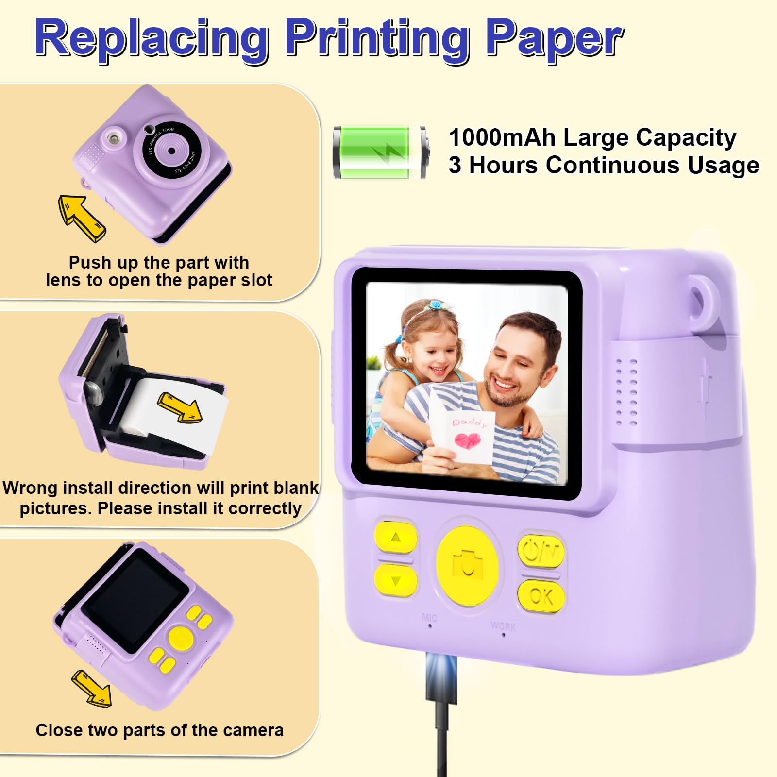 Instant Print Camera for Kids - 1080P HD Instant Print Photo - Christmas Birthday Gifts for Age 4 5 6 7 8 9 10 Girls Boys - Portable Toy with 3 Rolls Photo Paper, 5 Color Pens, 32GB Card - Purple