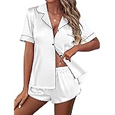 Ekouaer Silk Satin Pajamas Set Short Sleeve Pj Sets Black & White Contrast Piping Pjs Button Down Lounge Sets 2 Piece