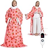 Wearable Heated Blanket for Women, Unique Christmas Birthday Gift for Wife, Electric Throw Blanket with Sleeves, Foot Pocket, Heated Robe for Mom, 3 Heat-Level & Timer, ETL Safe, Strawberry Red