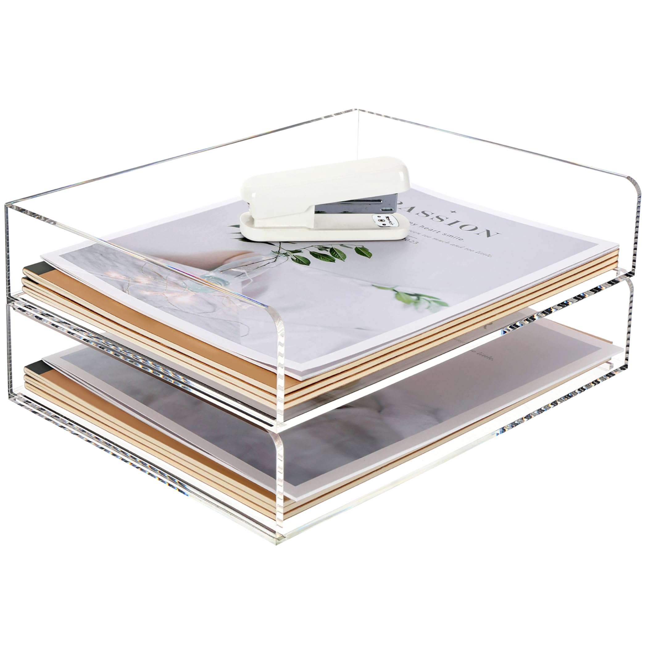 SANRUI 2 Tier Acrylic Stackable Paper Tray Organizer, Clear A4 Letter Sorter for Office, Home or School - 12.4x8.86x5.31in
