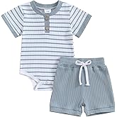 Molgkyo Newborn Baby Boy Girl Clothes Set Ribbed Short Sleeve Striped Romper Top Solid Color Shorts Sets 2Pcs Summer Outfits