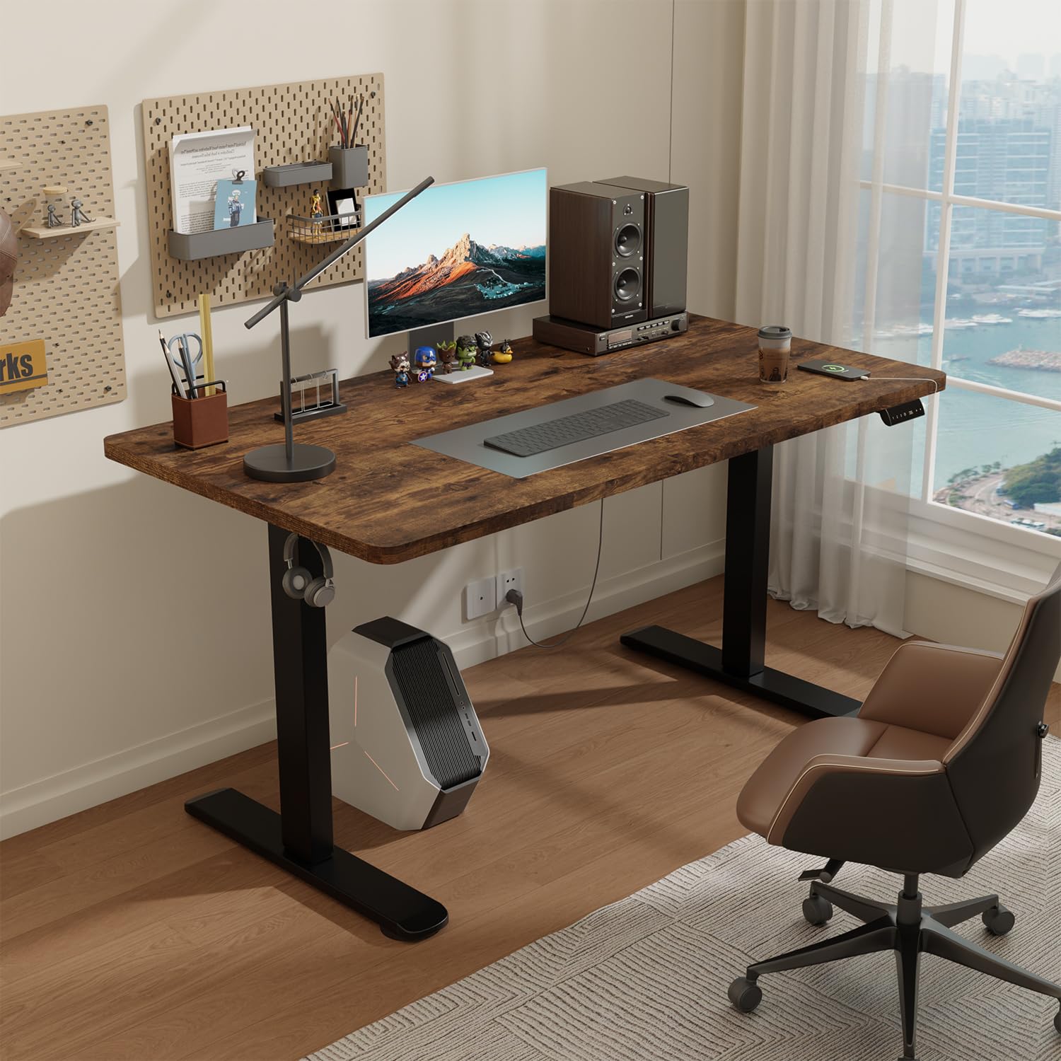 Airfish Höhenverstellbarer Schreibtisch 140x70 cm, Elektrisch Schreibtisch mit Kabelwanne, Computertisch mit USB-Buchse, Bürotisch, Stehpult mit Erinnerung an sitzende Tätigkeiten, Vintage-Braun 2