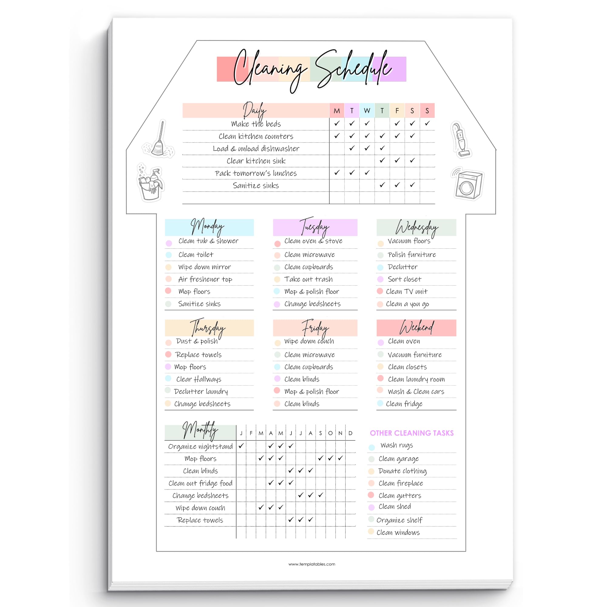 Weekly Cleaning Planner Notepad - Daily, Weekly & Monthly Cleaning Schedule and Checklist Desk Pad, Household Chores Tracker | 50 Undated Tear Away Sheets | A4 Rainbow (Rainbow)