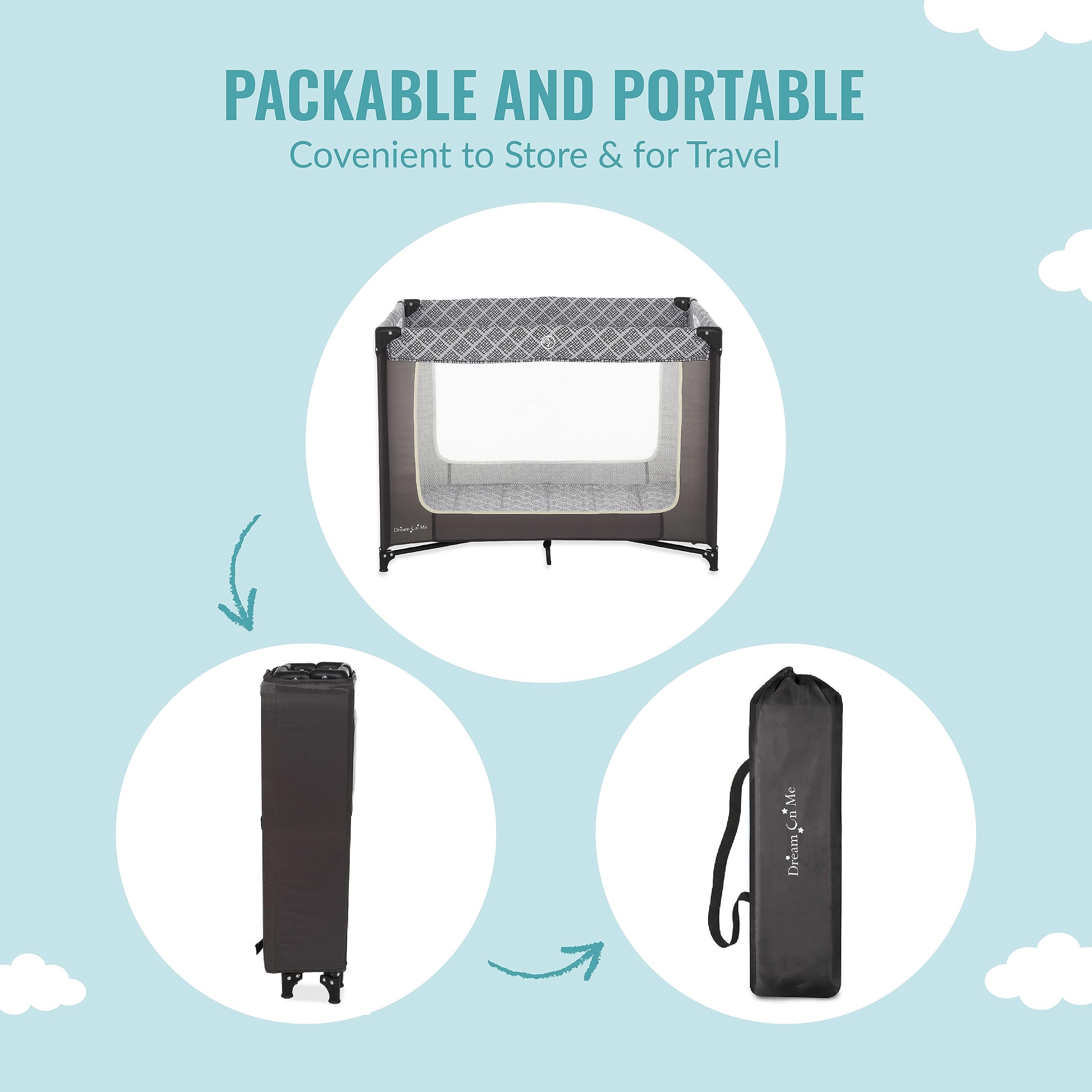 Dream On Me Zoom Portable Playard in Dark Grey, Lightweight, Packable and Easy Setup Baby Playard, Breathable Mesh Sides and Soft Fabric - Comes with a Removable Padded Mat