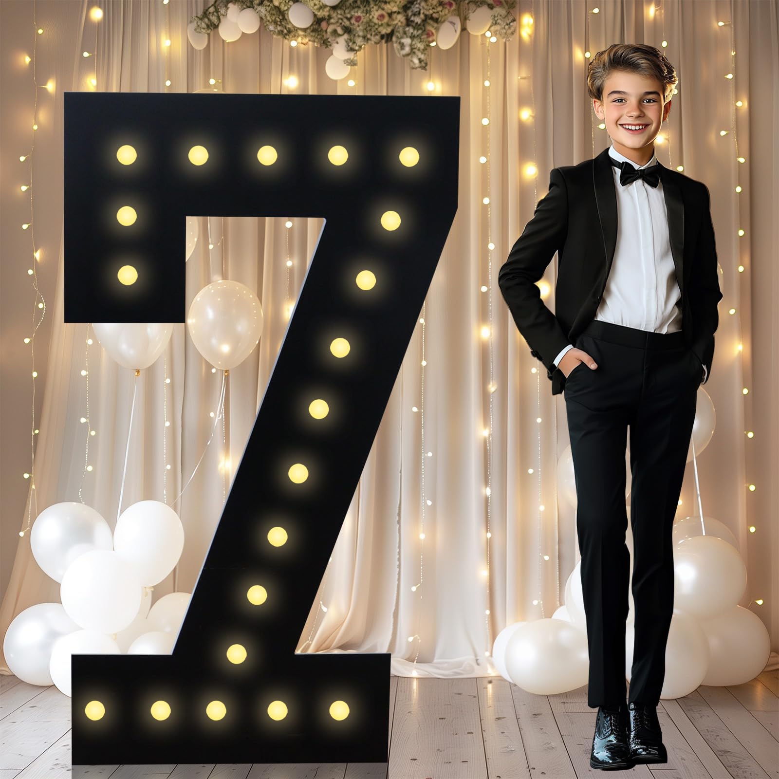LOBOOM 4FT Marquee Light Up Numbers, Black Giant Marquee Number Big Mosaic Number for 7th 17th 70th Birthday Party Decorations Backdrop 7 Anniversary Decor, Pre-Cut Frame Large Number 7