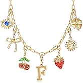 Initial Charm Necklace for Women, Evil Eye Four-Leaf Clover Sun Bow Cherry Strawberry Removable Charms Necklace Paper Clip Chain Choker, Trendy Jewelry Birthday Christmas Gifts for Her (Letter F )