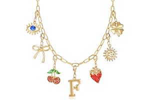NEKOL Initial Charm Necklace for Women, Evil Eye Four-Leaf Clover Sun Bow Cherry Strawberry Removable Charms Necklace Paper Clip Chain Choker, Trendy Jewelry Birthday Christmas Gifts for Her