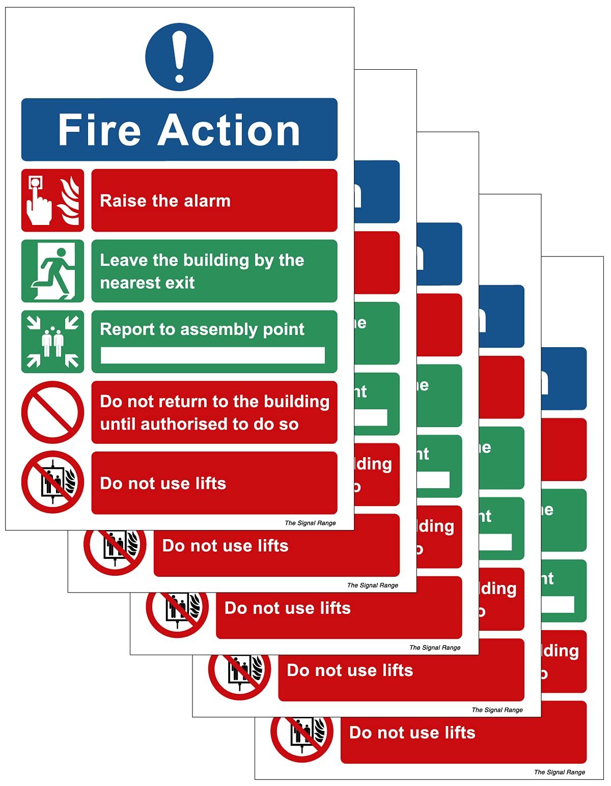 Pack of 5 safety signs - 140mm wide x 210mm deep self adhesive vinyl Fire Action safety sign (for use where there are lifts on the premises)