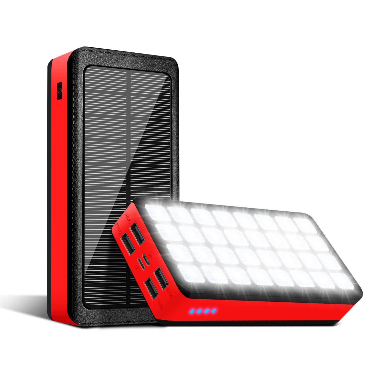 Solar Power Bank 26800mAh Portable Charger Battery Pack with 32 LEDs Flashlight 4 Output Ports & 2 Input Ports Compatible with Smartphone Tablet Earphone for Camping Hiking Trip Home Emergencie