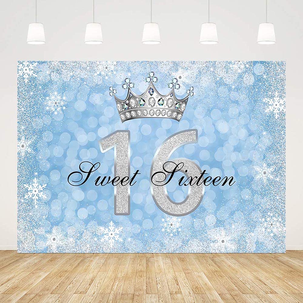 Photo 1 of ABLIN 7x5ft Happy 16th Birthday Backdrop Sweet 16 Girl Blue Bokeh Winter Snowflake Silver Crown with Gem Diamonds Background Party Decorations Cake Table Banner Photo Booth Props