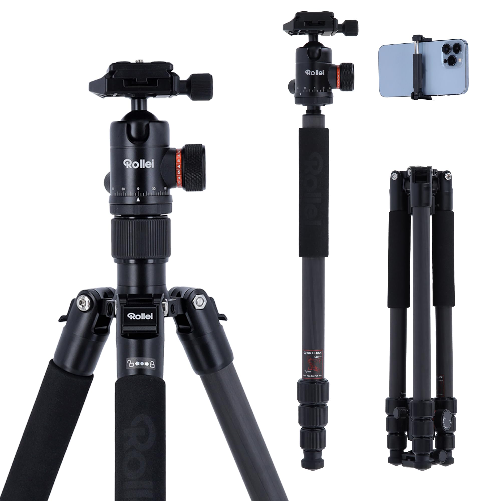Rollei Tripod C5i Carbon - with 3D Ball Head and redating central column for macro photography - Arca Swiss compatible - convertible to Monopod - Black