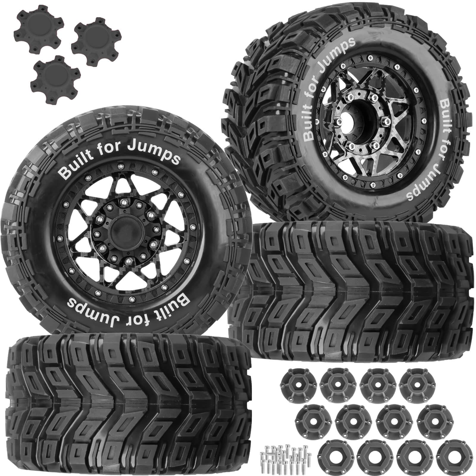 Photo 1 of BRCatWPark RC Truck Tires 12mm/14mm/17mm Hex RC Wheels and Tires for 1/10 Big Rock Granite Vortek/Stampede Rustler Hoss/L0s1 Rc 4wd,RC Monster Truck Car Wheel 4Pcs,Carbon Black