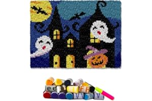 DL-YTG Latch Hook Kits Rug Halloween Haunted House Crochet Yarn Cushion Colour Pre-Printed Canvas Cover Rug Needlework DIY Hook and Latch Kit Christmas Home Decoration 52x38cm/20 X15inch