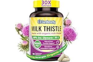SUREBOUNTY Organic Milk Thistle, 9000 mg Equivalent, 30X Concentrated Seed Extract, 80% Silymarin, Liver Support Cleanse Detox, Fatty Liver Supplements, Non-GMO, No Gluten & Soy, 90 Veggie Caps, 3 Month Supply