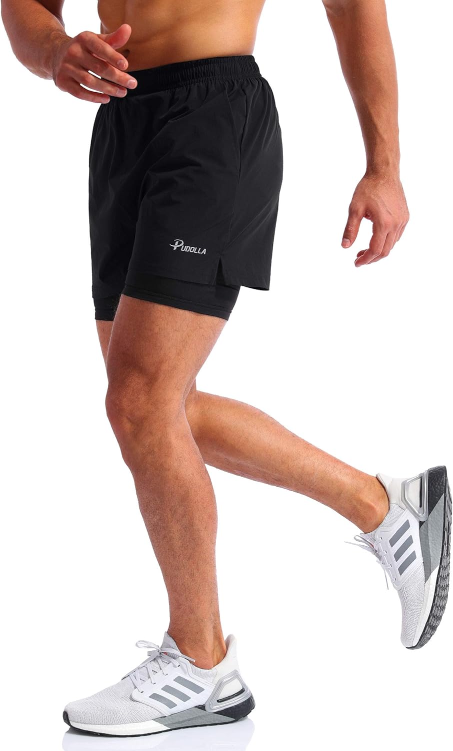 Pudolla Men’s 2 in 1 Running Shorts 5" Quick Dry Gym Athletic Workout Shorts for Men with Phone Pockets: Clothing