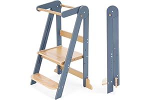 HARPPA Nordi Foldable Toddler Kitchen Tower, Montessori Kitchen Stools Helper, Standing Tower with 3 Adjustable Heights, Suitable Age for 2-6 Years, Grey
