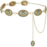 LEACOOLKEY Women Turquoise Concho Chain Waist Belt Silver Western Cowgirl Metal Chain Belt for Dress Adjustable