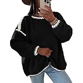 KIRUNDO Womens Sweaters 2026 Fall Oversized Long Sleeve Chunky Knit Crew Neck Contrast Stitching Pullover Winter Clothes