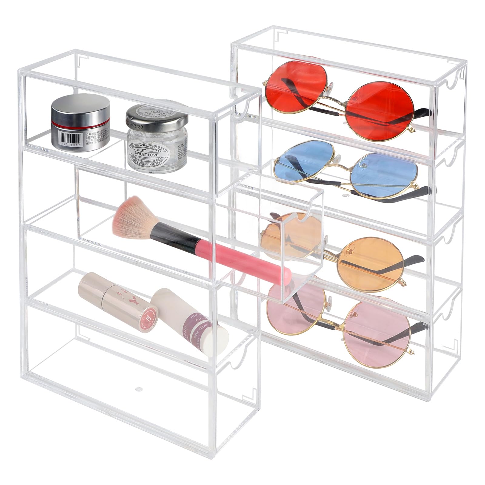 Supaway Minimalist Transparent Acrylic Glasses Organiser 2 Pack 8 Drawers Multifunctional Display Case for Glasses Watches Jewellery Cosmetics Accessories