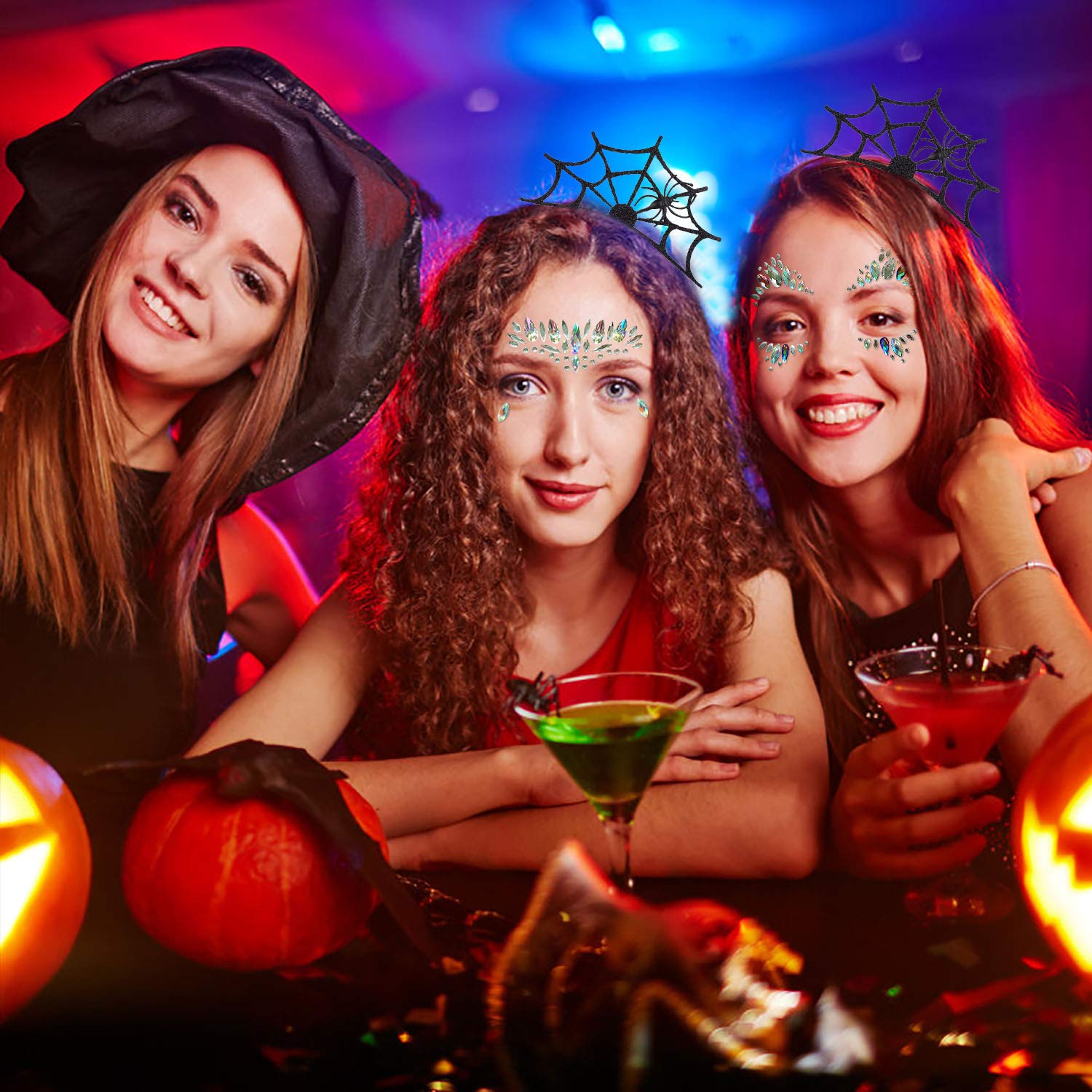 Aniwon 2PCS Halloween Spider Web Headband+2 PCS Rhinestone Face Jewels, Spider Headband Halloween Party Headband Hair Hoop with Mermaid Face Gems Glitter for Women Halloween Cosplay Party Costume