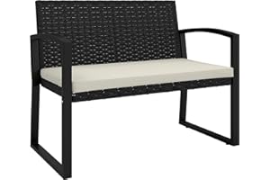 Outsunny 2 Seater Wicker Outdoor Bench, 37.4" Rattan Garden Bench with Cushion, Outdoor Loveseat with Armrests, Galvanised St