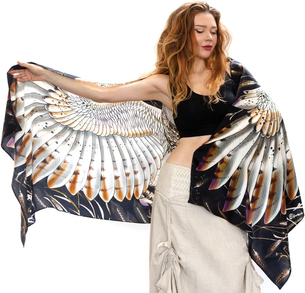 Designer Silk & Cashmere Scarf With Wide Spread Bird Feather Wings